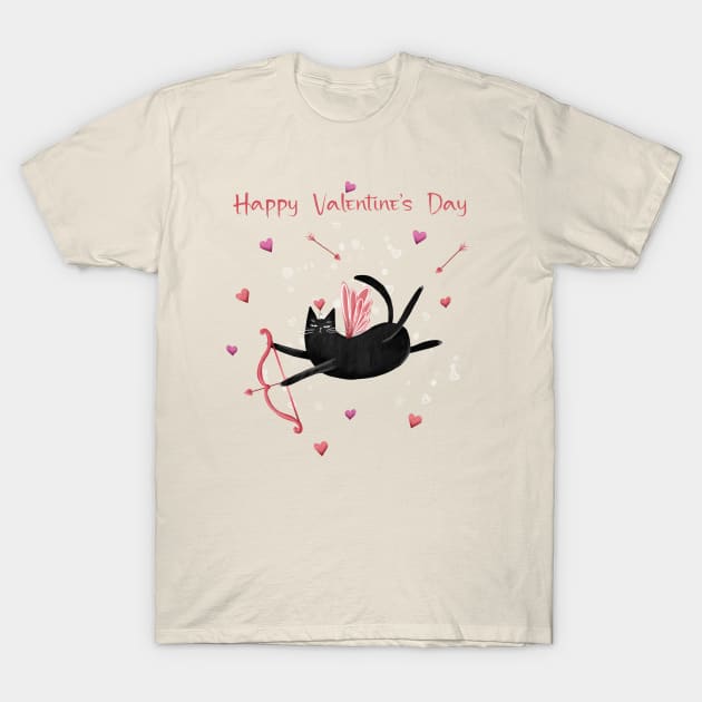 Happy valentines black cat. Cute cat and red hearts. T-Shirt by Olena Tyshchenko